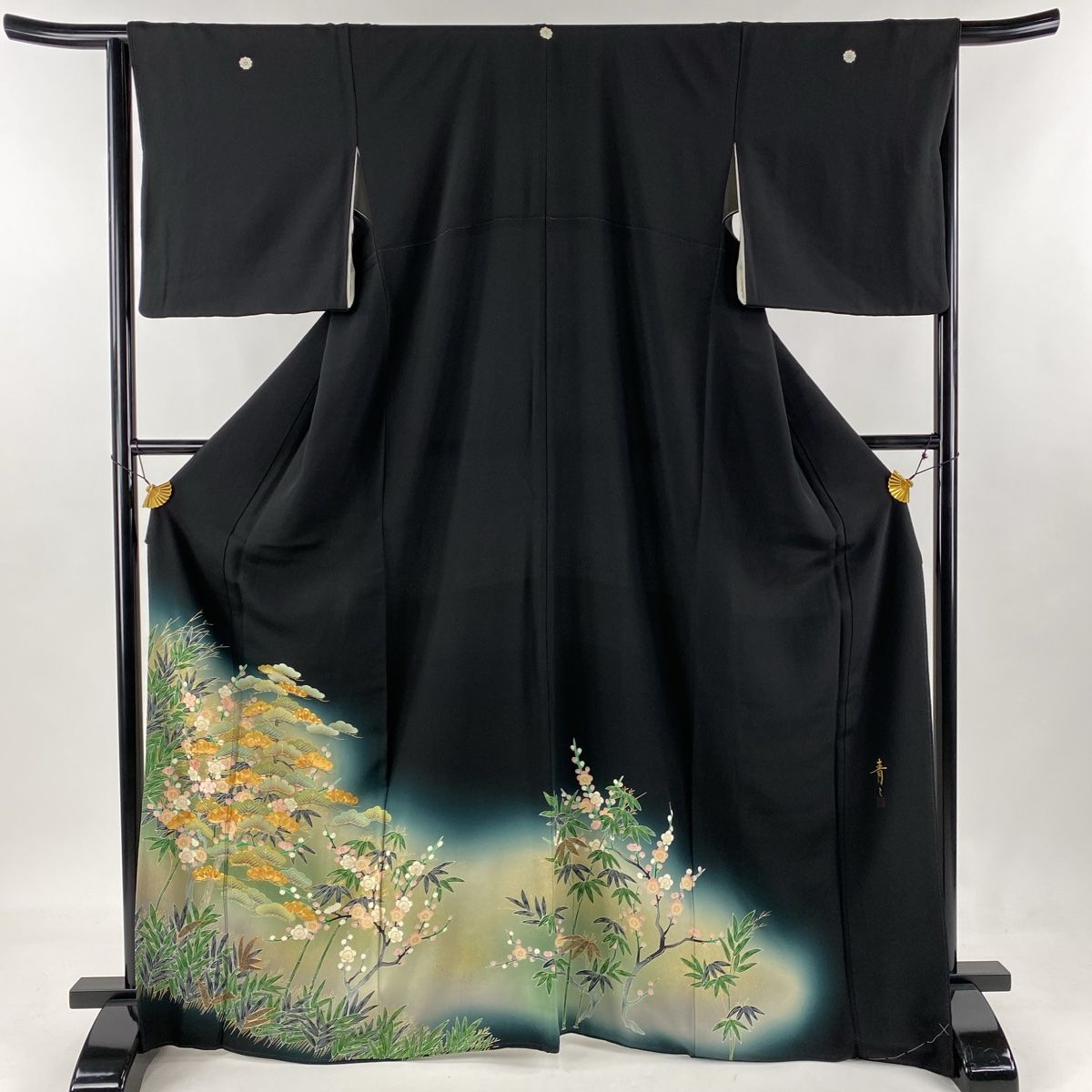 黒留袖 身丈168cm 裄丈65cm M 袷 松井青々 落款 松竹梅 金糸 金彩 黒  