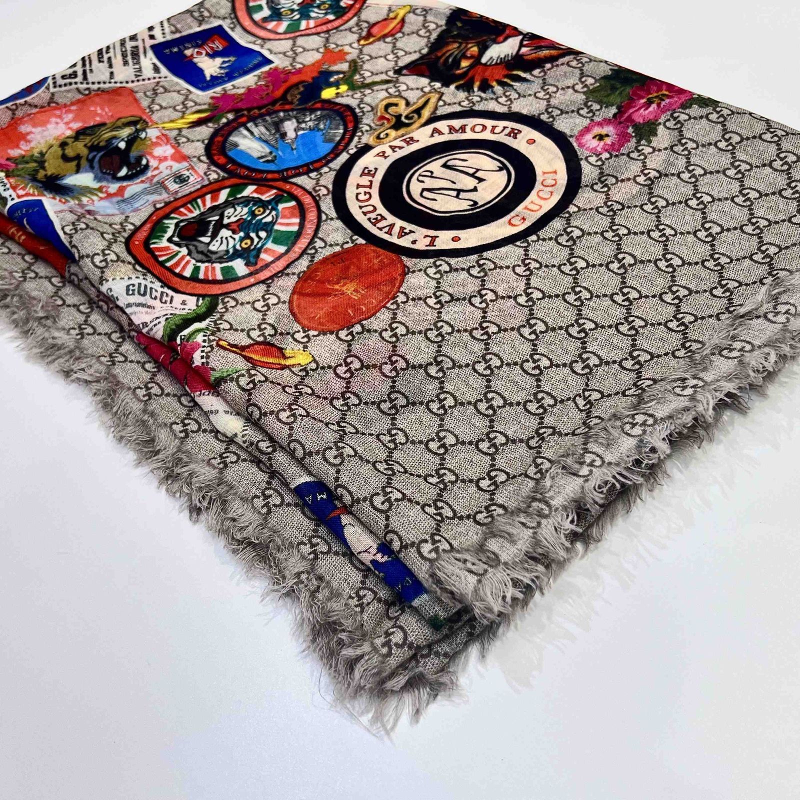 GUCCI グッチ GG柄 ウール ロゴプリント 大判 ストール 574993 マルチ 