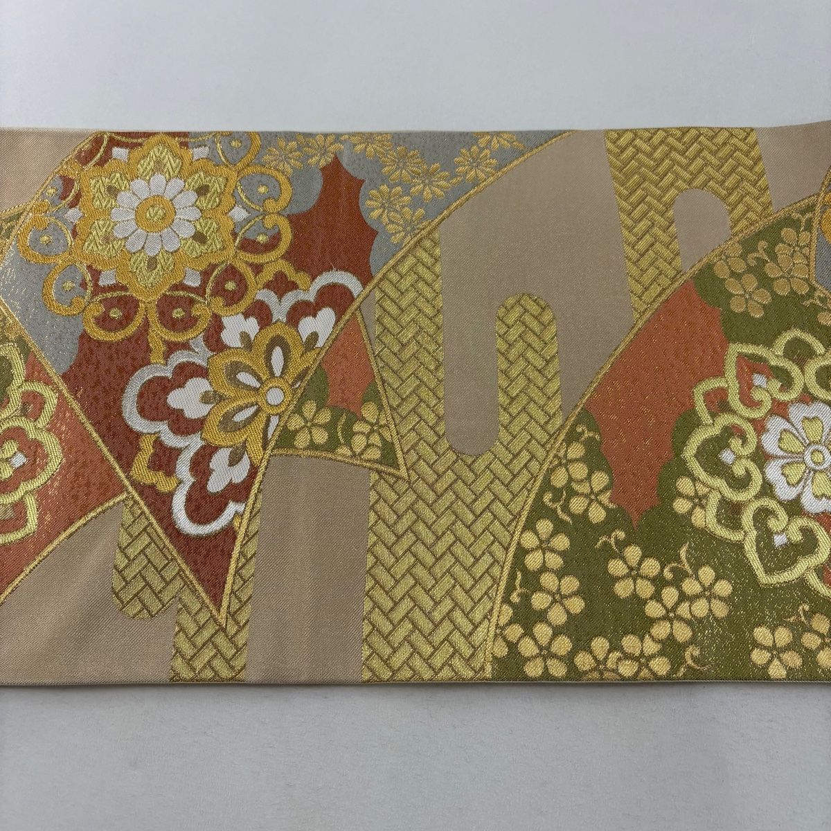 B46 正絹 川島織物 華紋 豪華絢爛 六通袋帯 袋帯 美品 名品 川島織物 落款 華文 ヱ霞 金銀糸 箔 ベージュ 六
