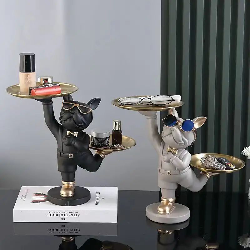 小物トレイ ダブル 犬 モチーフ ウェイター風 ブルドッグ 小型 オブジェ 卓上 小物 鍵 アクセサリー ジュエリー お菓子 収納 スタイリッシュ おしゃれ おもしろ ユニーク かわいい 置物 モダ