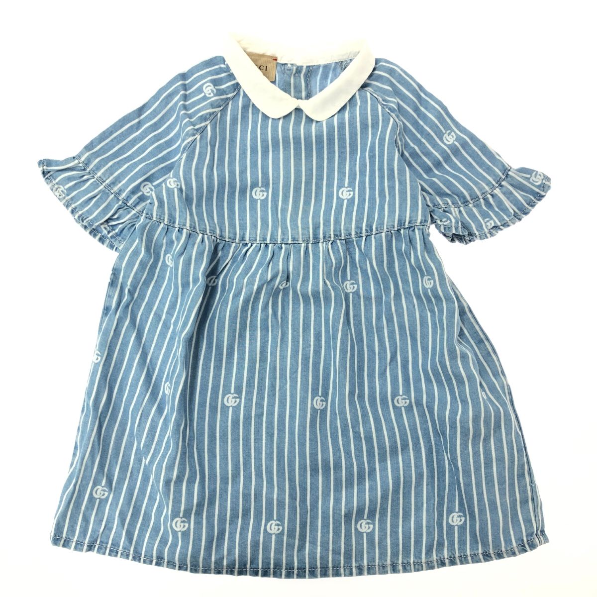 Gucci kids青と白のストライプ 襟付き半袖ワンピース 12サイズ 【公式 