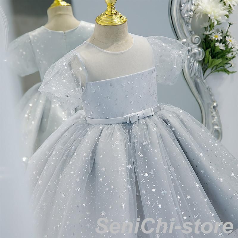 キッズドレス 子供 ドレス ピンク ブルー 水色 膝丈 ミディ丈 ピアノ 発表会 女の子 半袖 パフスリーブ チュールスカート キラキラ スパンコール