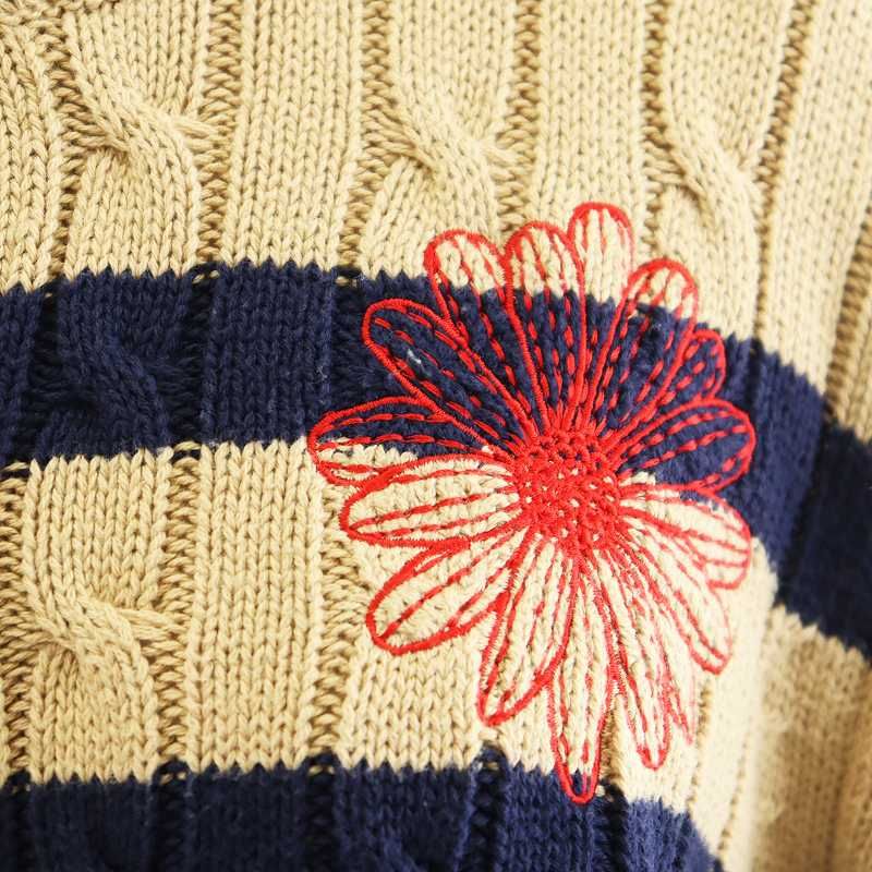マルディメクルディ COTTON CARDIGAN ROUND NECK STRIPE カーディガン ストライプ柄 刺繍 F ベージュ 紺 マルディメクルディ Mardi Mercredi COTTON CARDIGAN ROUND NECK