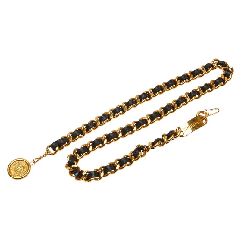 シャネル 31 RUE CAMBON カンボン メダリオン ココマーク チェーン ベルト ゴールド ブラック メッキ レザー レディース CHANEL 222-05408