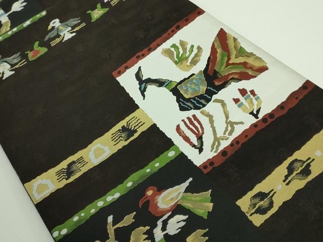 平和屋着物 上 西陣 木野織物 菱屋善兵衛謹製 両面 六通柄袋帯 鳥 憲法黒茶色地 DZAA8837kh5