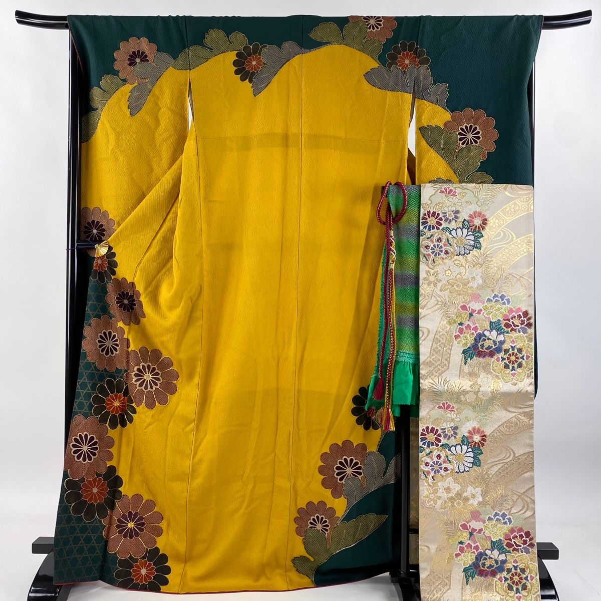 振袖 身丈170cm 裄丈68cm L 袷 袋帯フルセット 菊 籠目 刺繍 金糸 黄土色 正絹