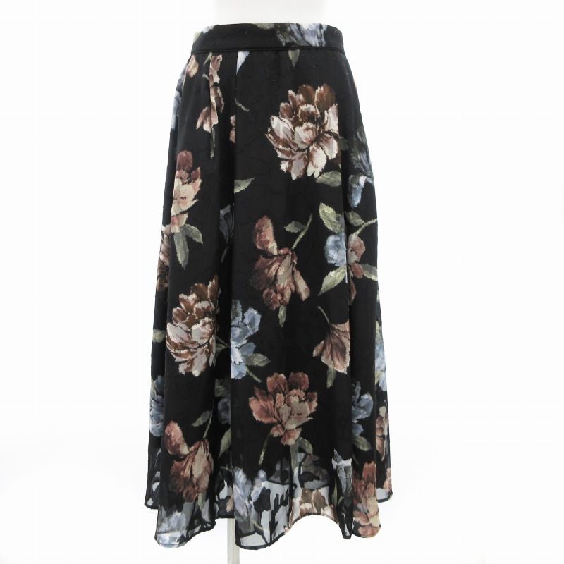 マイストラーダ Mystrada 20AW エアリーフラワーフレアスカート タック ロング マキシ 花柄 38 M 黒 ブラック 30330380 /GV