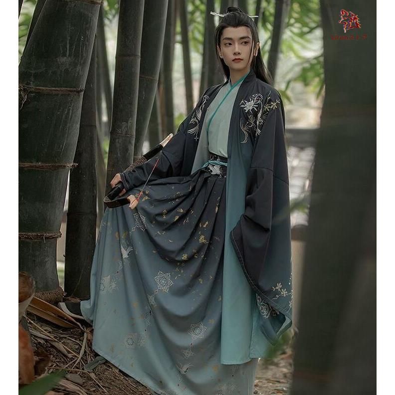 高品質 文化祭 中華コスプレ衣装 羽織付き3点セット メンズ チャイナ服 漢服 暗色系 グラデーション 中華服 交差襟 花 タンチョウ 鶴 刺繍 プリント 大人 BJ1003ML03 ハロウィン