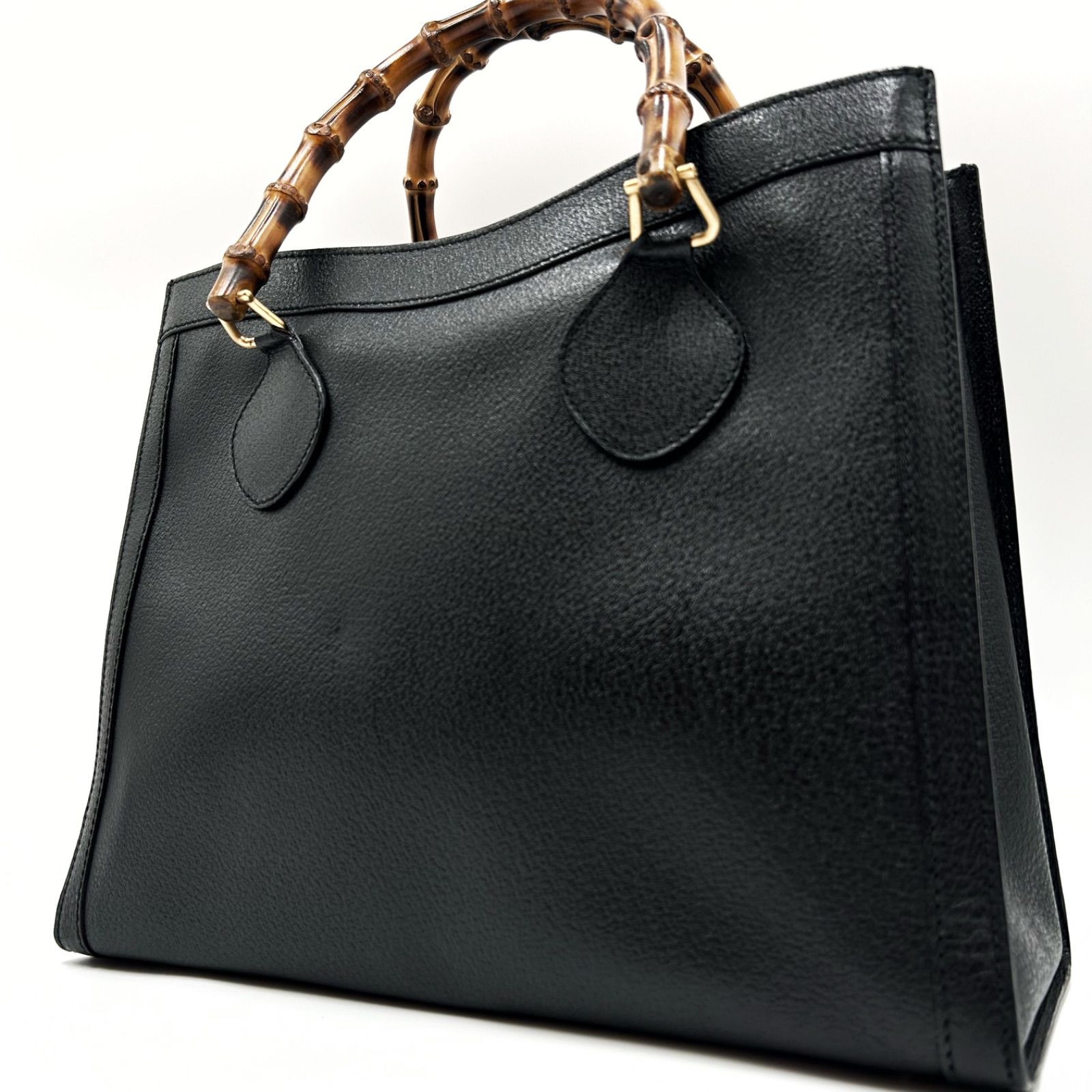 グッチ レザー バンブー ハンド バッグ ビジネス 黒 ブラック 大容量 GUCCI 極 美品 グッチ オールドグッチ バンブー レザー 本革