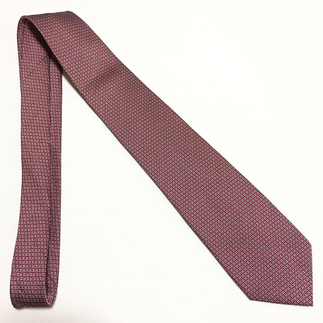 美品 エルメス HERMES ネクタイ シルク100% ワインレッド / グレー H柄