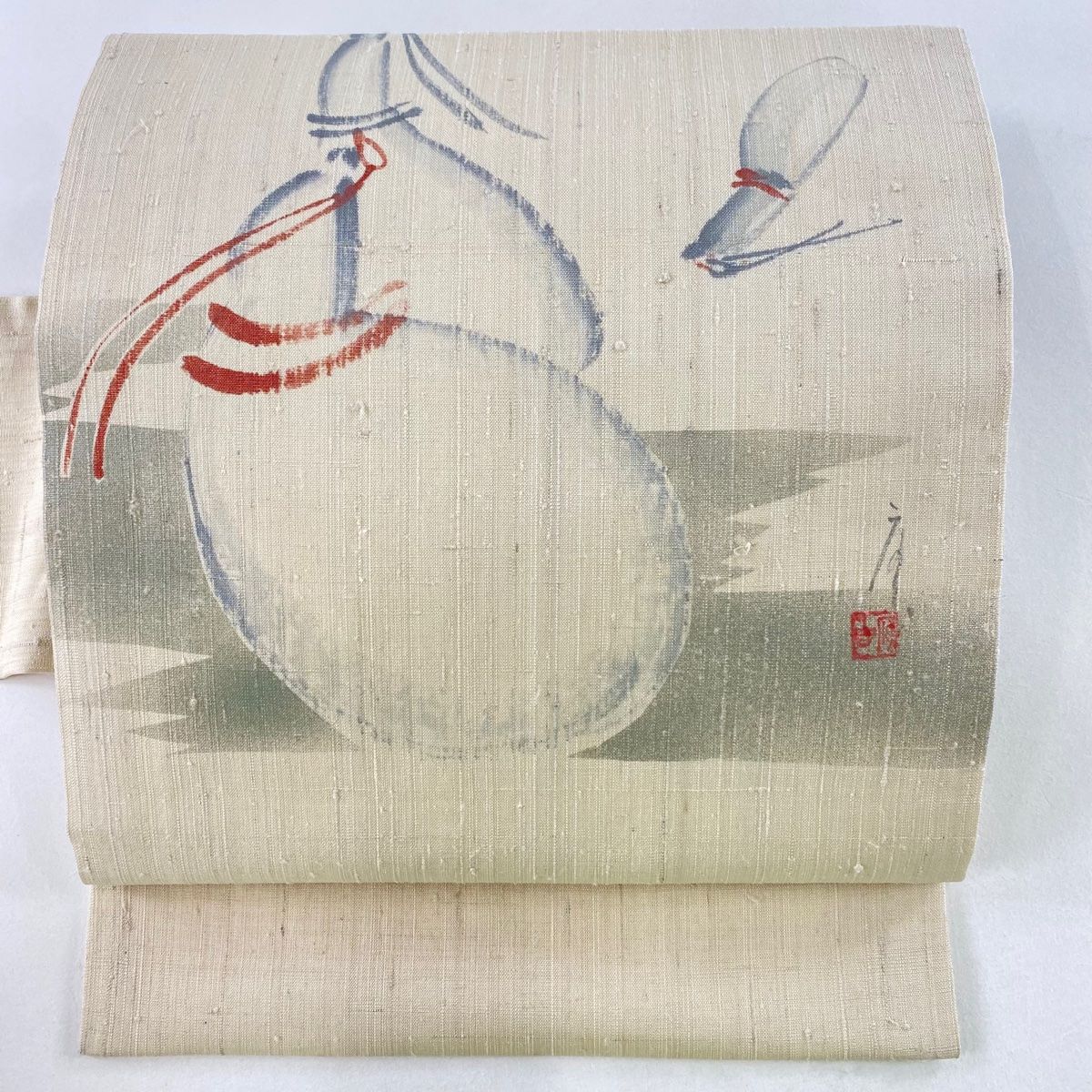 名古屋帯 秀品 落款 紬地 瓢箪 ベージュ 正絹