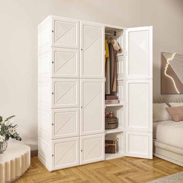 Mayi Box ワードローブ クローゼット 大容量 ハンガーラック シンプル収納棚 衣類ケース 一体折り畳み式 洋服収納ラック 扉付き 雑物 小物 耐荷重 省スペース 頑丈 リビング 8マス-2ハンガー