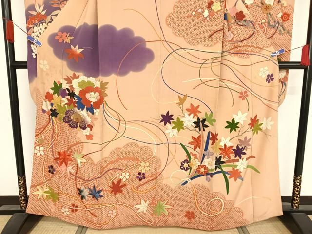 平和屋着物○アンティーク 大正ロマン 振袖 駒刺繍 草花文 久寿