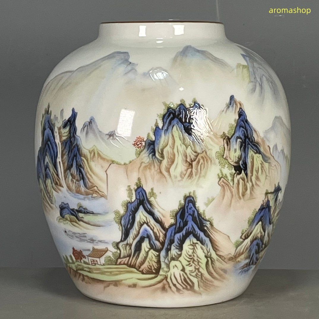 景徳鎮 磁器 青花千里江山図蓋缶 茶壺 現代工芸品 美術品 装飾品 景徳鎮 磁器 青花千里江山図蓋缶 茶壺 現代工芸品 美術品 装飾品