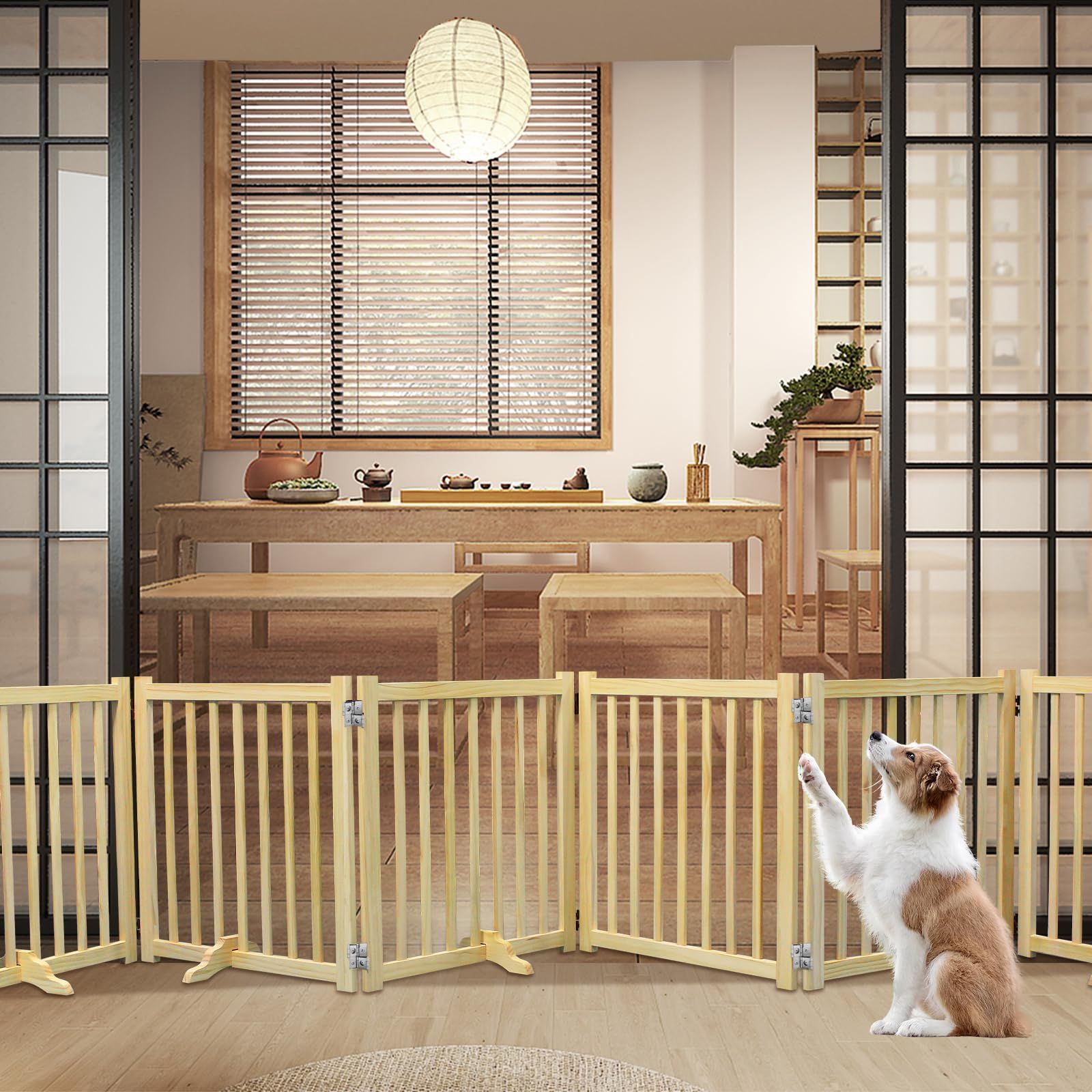 HEEOREV 木製ペットゲート ペットゲート ベビーゲート 犬用ゲート 長さ240 cm 高さ80 折り畳み式ゲート 柵 犬 ゲート 安全柵 猫 ドアフェンス 室内 大型犬 脱走防止 軽量 ペット保護 取り付け簡単 場所を取らない 収納しや