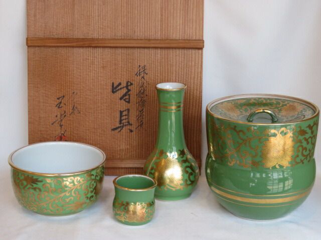 七月◇特売品）玉堂窯 手塚玉堂作 緑地金襴手唐草文 台子皆具