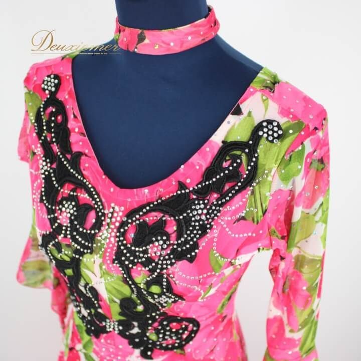 社交ダンス 衣装 ドレス ワンピース レッスンウェア レディース オールシーズン ブラック系 ピンク系 ICHIOKU イチオク グリーン系 黒 緑 花柄 長袖 ラインストーン フェミニン おしゃれ パーティー ゆったり 伸縮性 ポリエステル