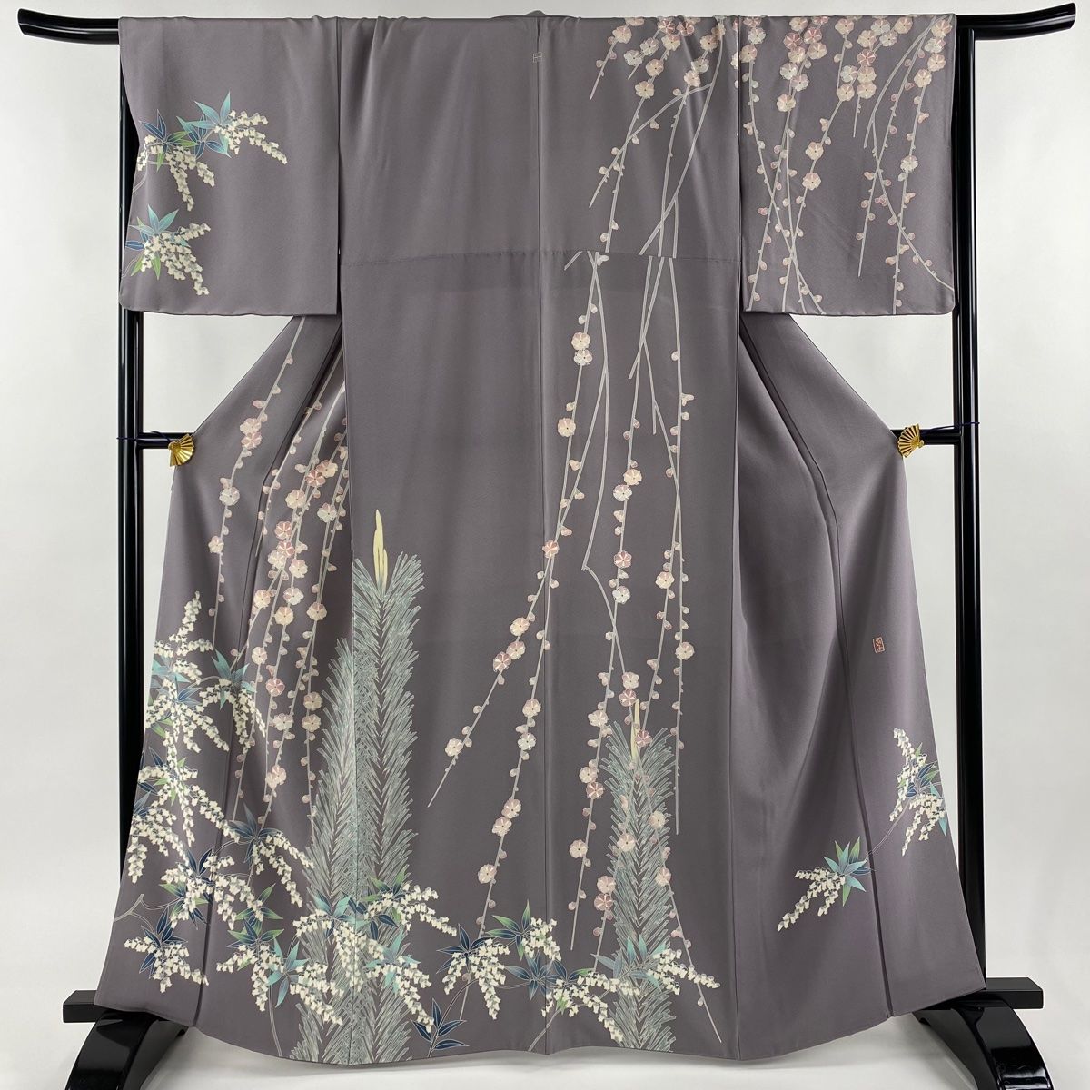 訪問着 身丈161cm 裄丈68.5cm L 袷 茶谷孝志 加賀友禅 落款 枝花 若松 ぼかし 灰紫 正絹 一つ紋