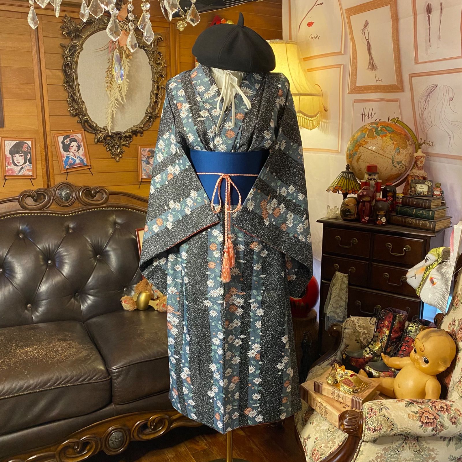 着物リメイク セミロング ワンピース｜洗える化繊素材＆帯