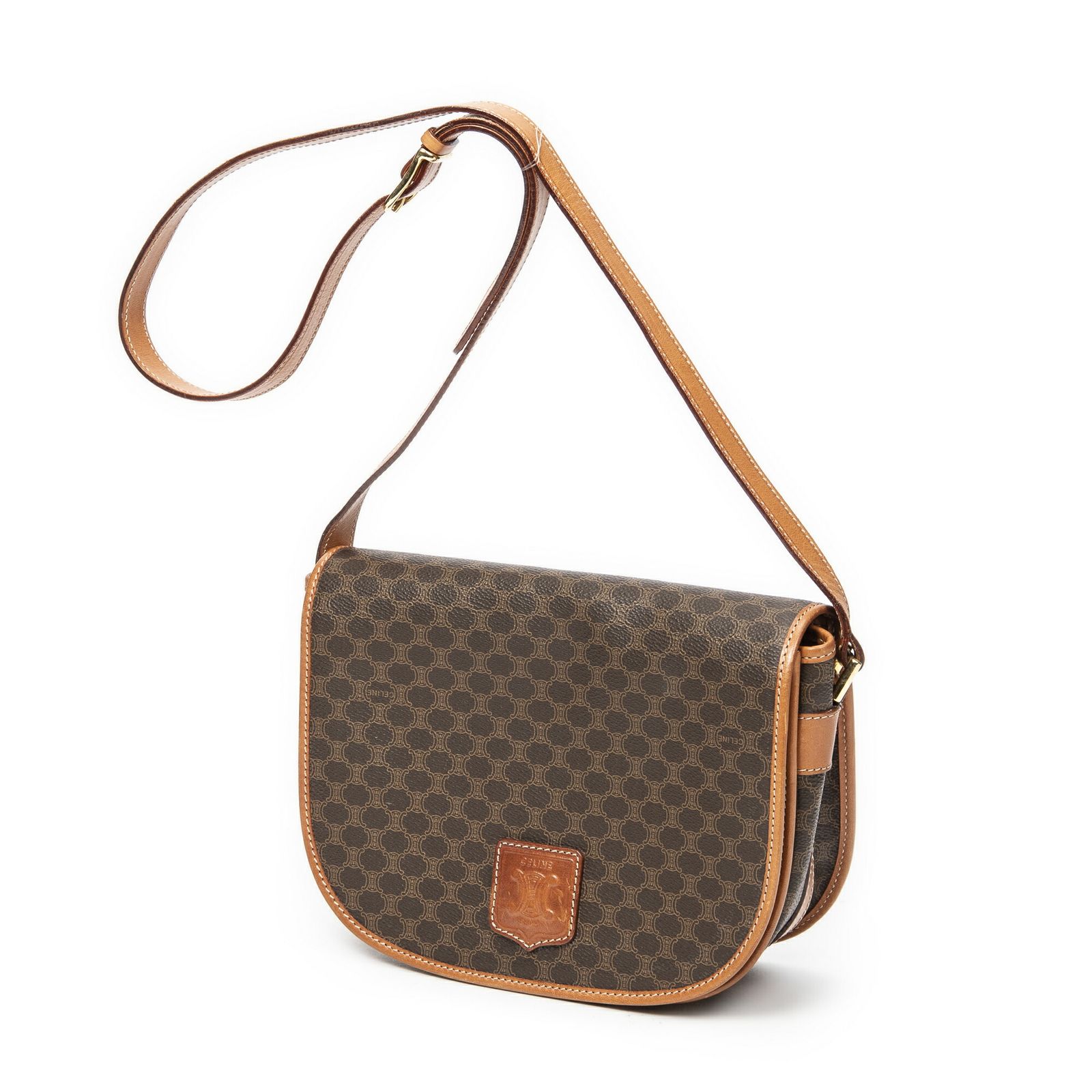 CELINE セリーヌヴィンテージ フラップ クロスボディ茶色マカダムPVCキャンバスA