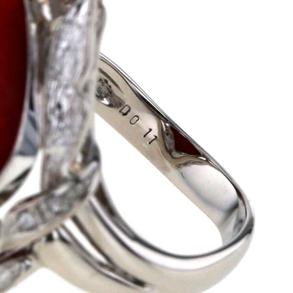 Pt900 プラチナ リング 珊瑚 コーラル サンゴ ダイヤ 0.17ct