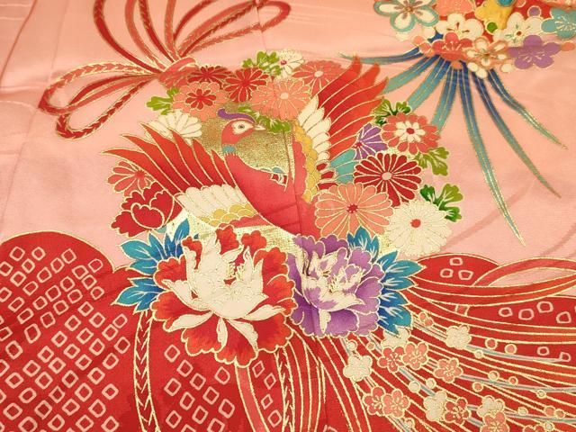 【美品】お宮参り　産着　祝着　赤× 明るい茶　金彩　鳳凰　蝶花　女の子　襦袢付き 美品】お宮参り 産着 祝着 赤× 明るい茶 金彩 鳳凰 蝶花 女の子