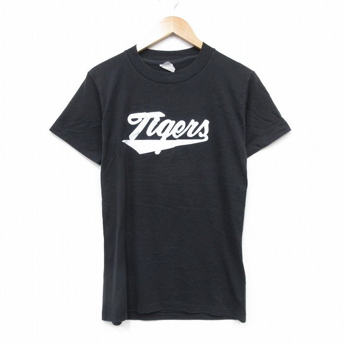 S/古着 半袖 ビンテージ Tシャツ メンズ 80s タイガース クルーネック 黒 ブラック 25aug23 