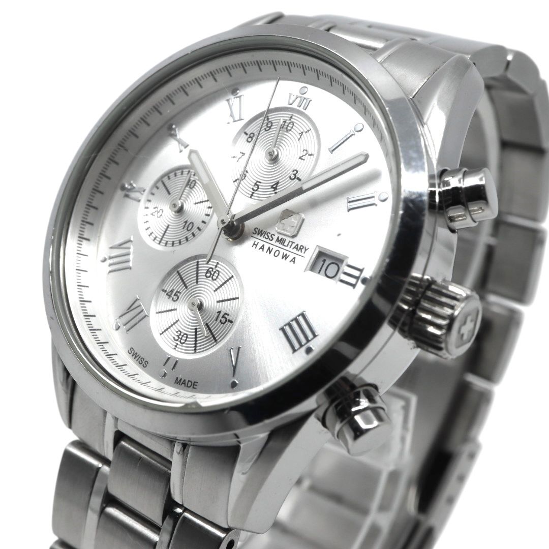 電池交換済 スイスミリタリー ハノワ 腕時計 06 5219 クロノグラフ メンズ クオーツ シルバー文字盤 デイト表示 アナログ ローマンインデックス ビジネス カジュアル スポーツ エレガント スイス製 クリーニング済み G 3