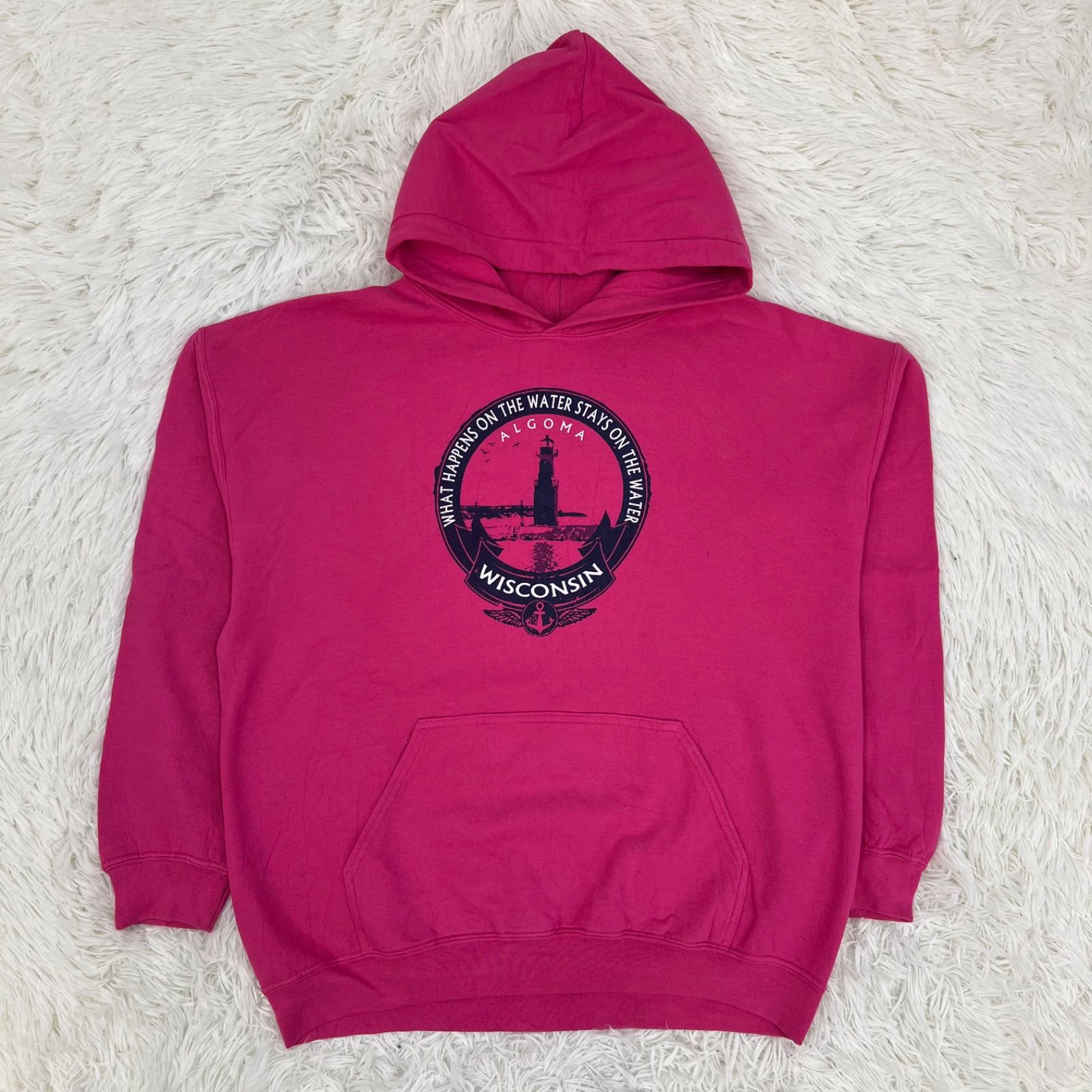 プルオーバーパーカー フード マリンテイストデザイン ピンク Lサイズ メンズ 男女兼用