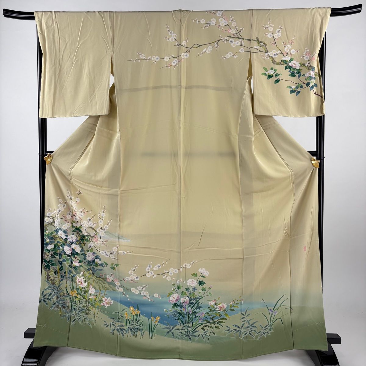 訪問着 身丈168cm 裄丈68cm L 袷 落款 枝梅 枝花 染め分け ぼかし ベージュ 正絹 名品