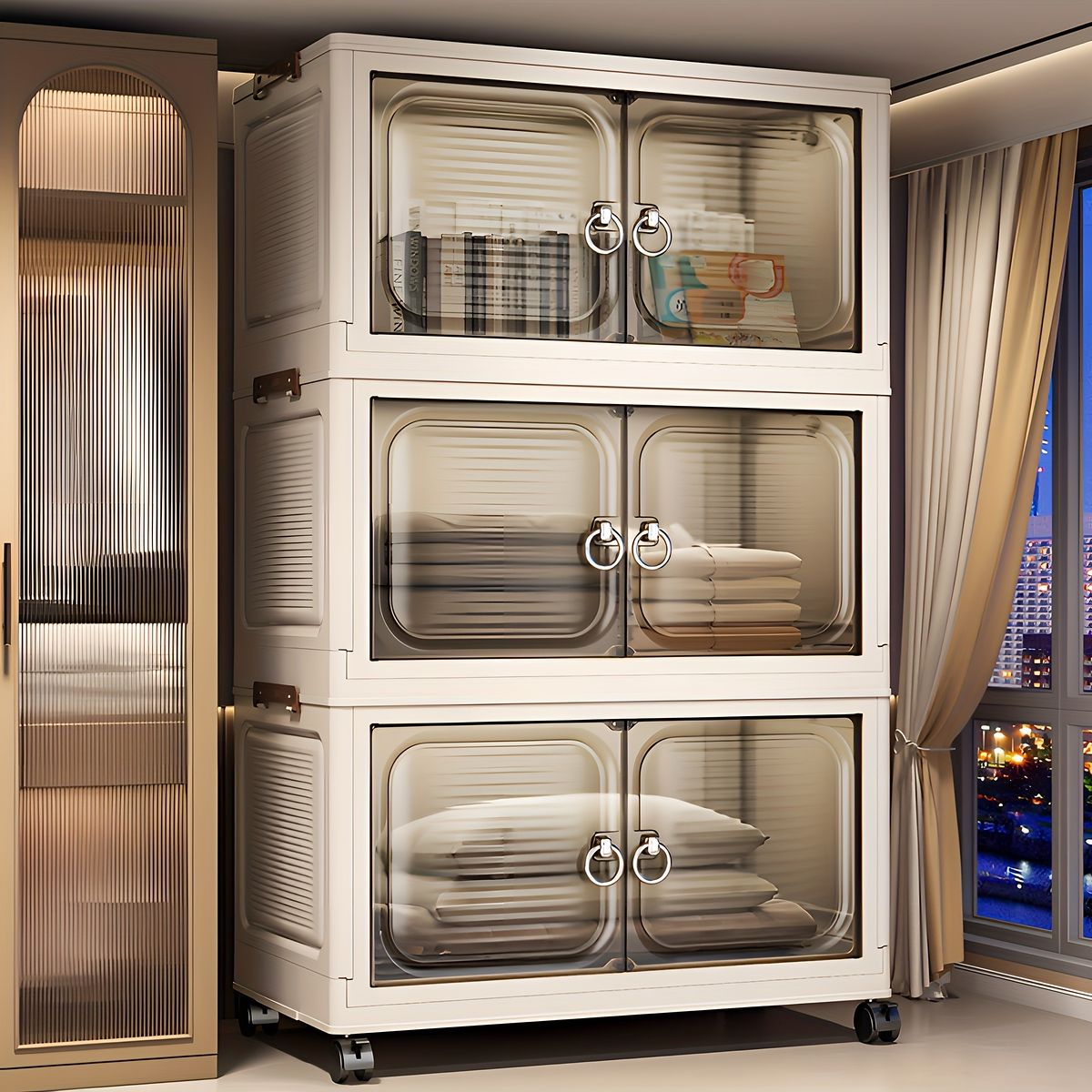 通販最大40％Off!  組立簡単 大容量 折りたたみ式収納キャビネット 48cm幅 プラスチック製 整理整頓 雑貨 書類 衣類収納 シンプルデザイン 家庭 オフィス用 磁気開閉式 5段48x28x127cm