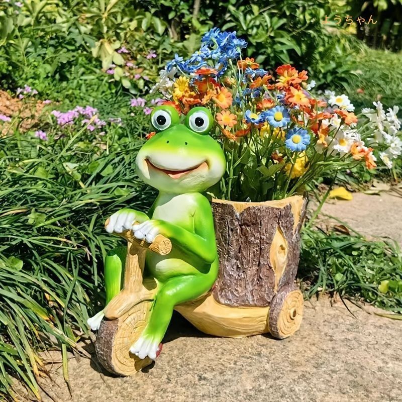 鉢植え 植木鉢 プランター プラントポット フラワーポット 自転車をこいでいるカエル かえる サボテン 多肉植物 ガーデニング 花瓶 樹脂 ユニーク 屋内 室内 玄関 リビング ダイニング バルコニー