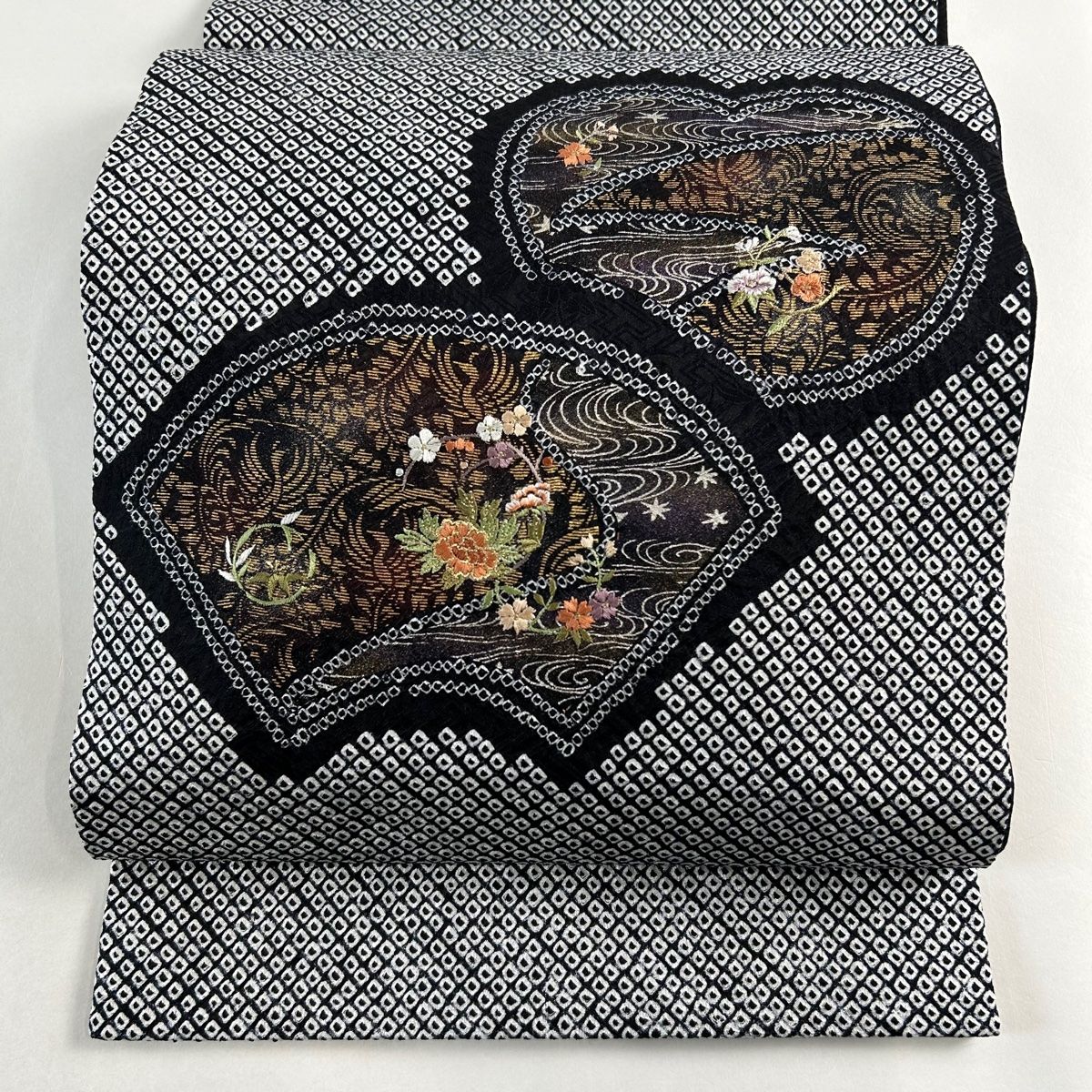 極美品袋名古屋帯 八寸帯 モダン ボタニカル 花草模様 織り 紬 絹