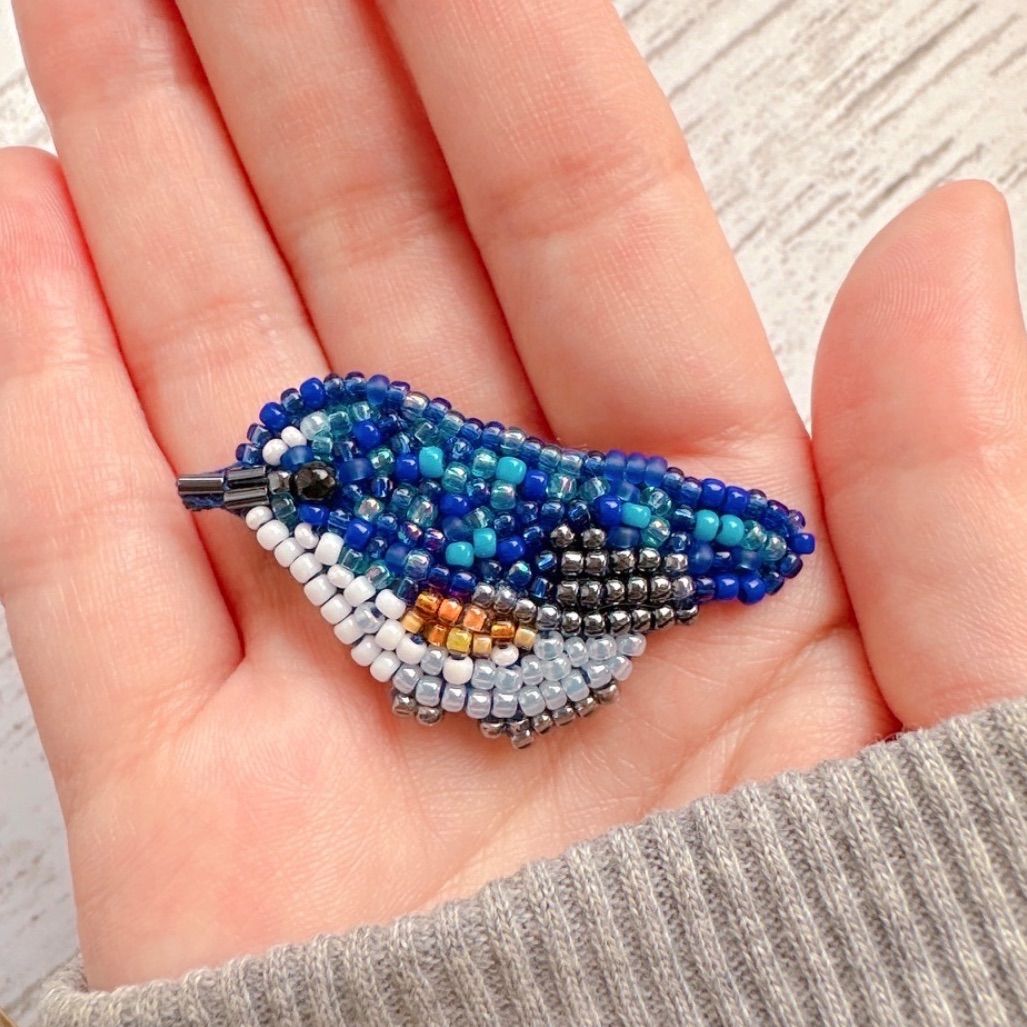 ビーズ ブローチ ルリビタキ ハンドメイド ビーズ刺繍 アクセサリー 鳥