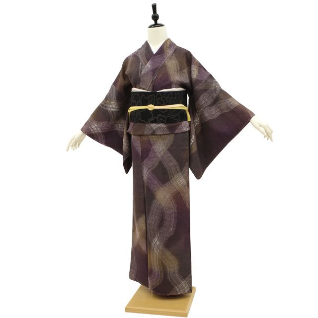 リサイクル着物 小紋 茶紫地 鳥柄 袷 正絹 着物 未使用品 レディース 秋冬春用 シルク ブラウン 裄Mサイズ リユース身丈158cm 裄65cm 前幅24.5cm 後幅30cm 袖丈49cm