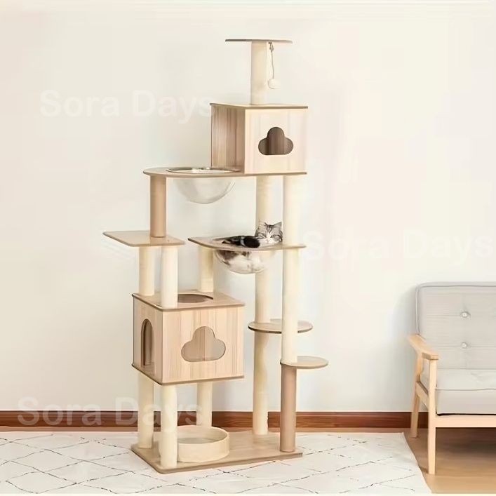 キャットタワー 猫タワー 木製 大型猫用 宇宙船2個 ナチュラル シンプル おしゃれ インテリア 北欧 据え置き 多頭飼い 隠れ家2個 展望台 爪とぎ 運動不足解消 安定 スリム 高さ180cm