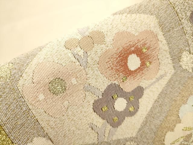 平和屋着物●爪掻き本綴れ　八寸名古屋帯　エ霞草花文　金銀糸　正絹　逸品　CAAT0939hy 平和屋着物○爪掻き本綴れ 八寸名古屋帯 エ霞草花文 金銀糸 正絹 逸品