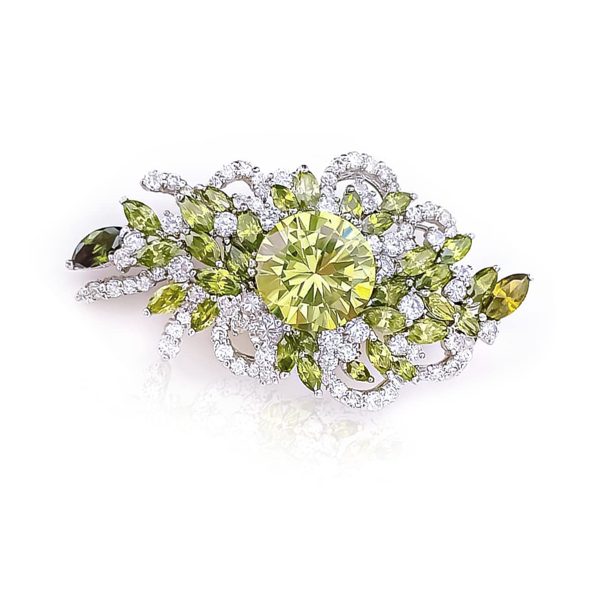 LAVINA ブリリアントペリドットCZブローチ マーキスカット ヴィンテージ シルバートーン ロジウムメッキ ゴールド BC80048