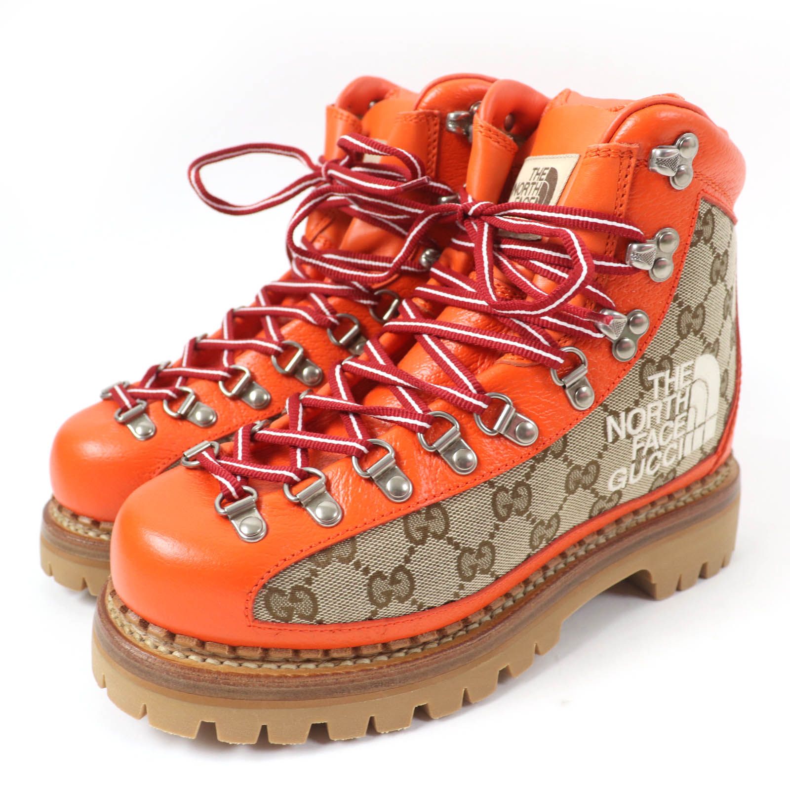 GUCCI×THE NORTH FACE グッチ×ザ ノースフェイス 679927 GGキャンバス レザー トレッキングブーツ ショートブーツ オレンジ系 38 箱 保存袋付き イタリア製 レディース