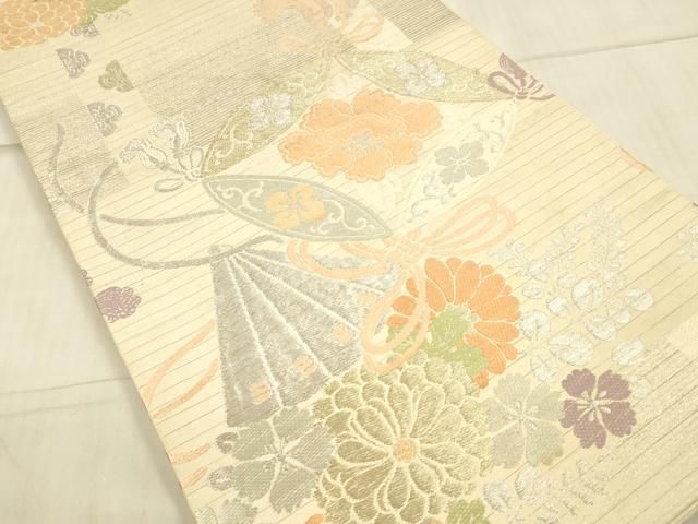 平和屋着物 夏物 アンティーク 大正ロマン 丸帯 檜扇草花文 金銀糸 正絹 DAAW4506cm