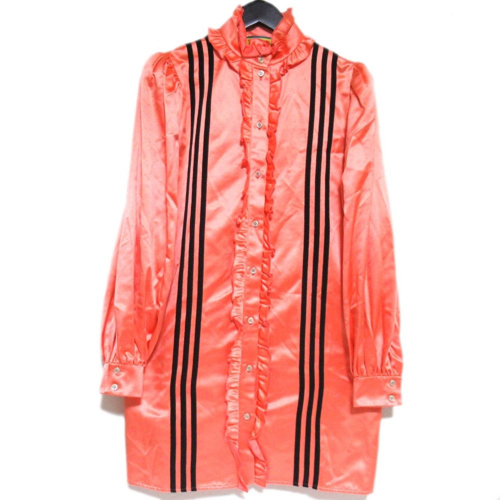 23SS GUCCI グッチ×アディダス シルク フリル シャツワンピース 723272 サイズ42 170|92Y ピンクオレンジ ブラック レディース 古着