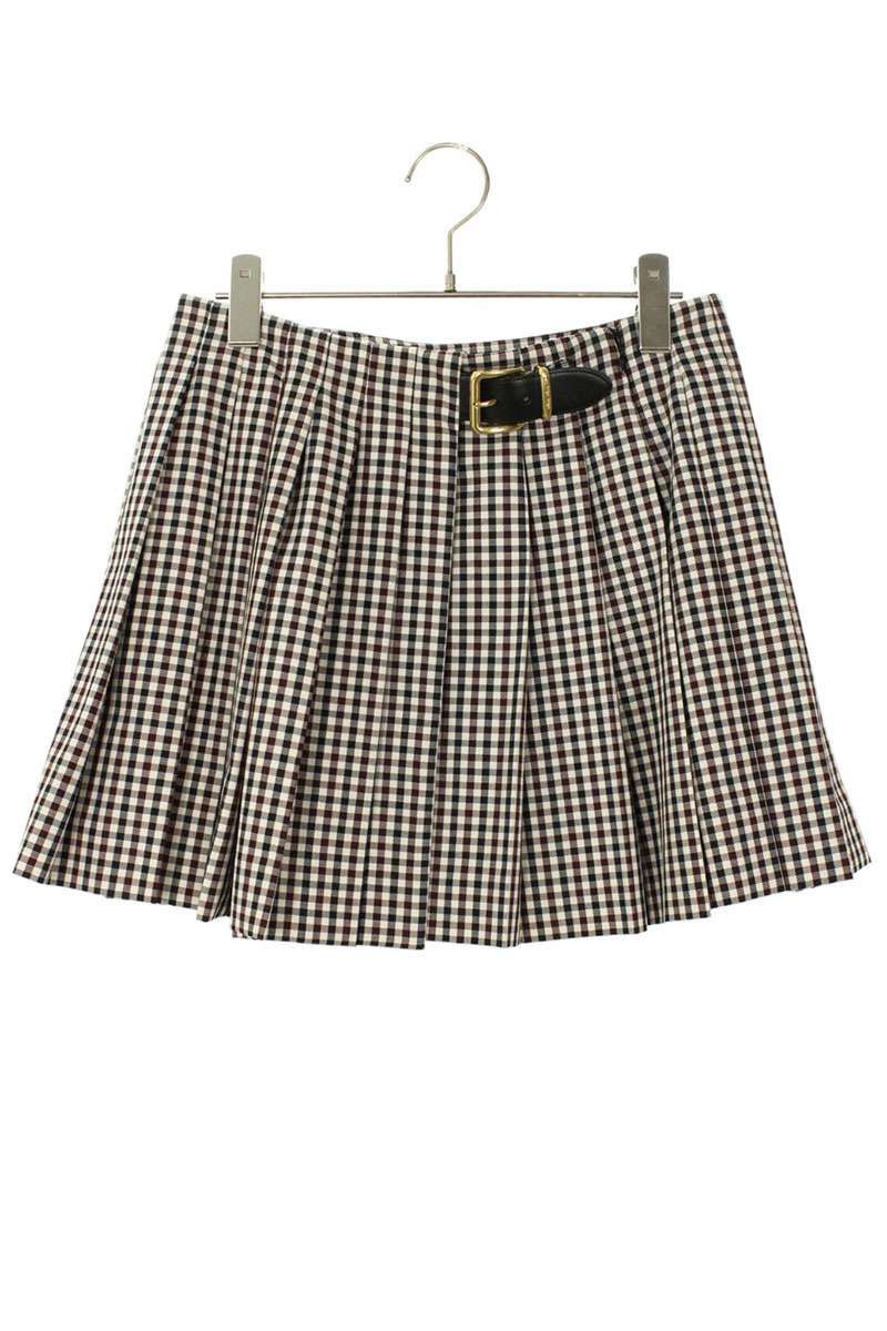 ミュウミュウ MG2062 ベルト付きロゴパッチチェック柄プリーツスカート レディース 36