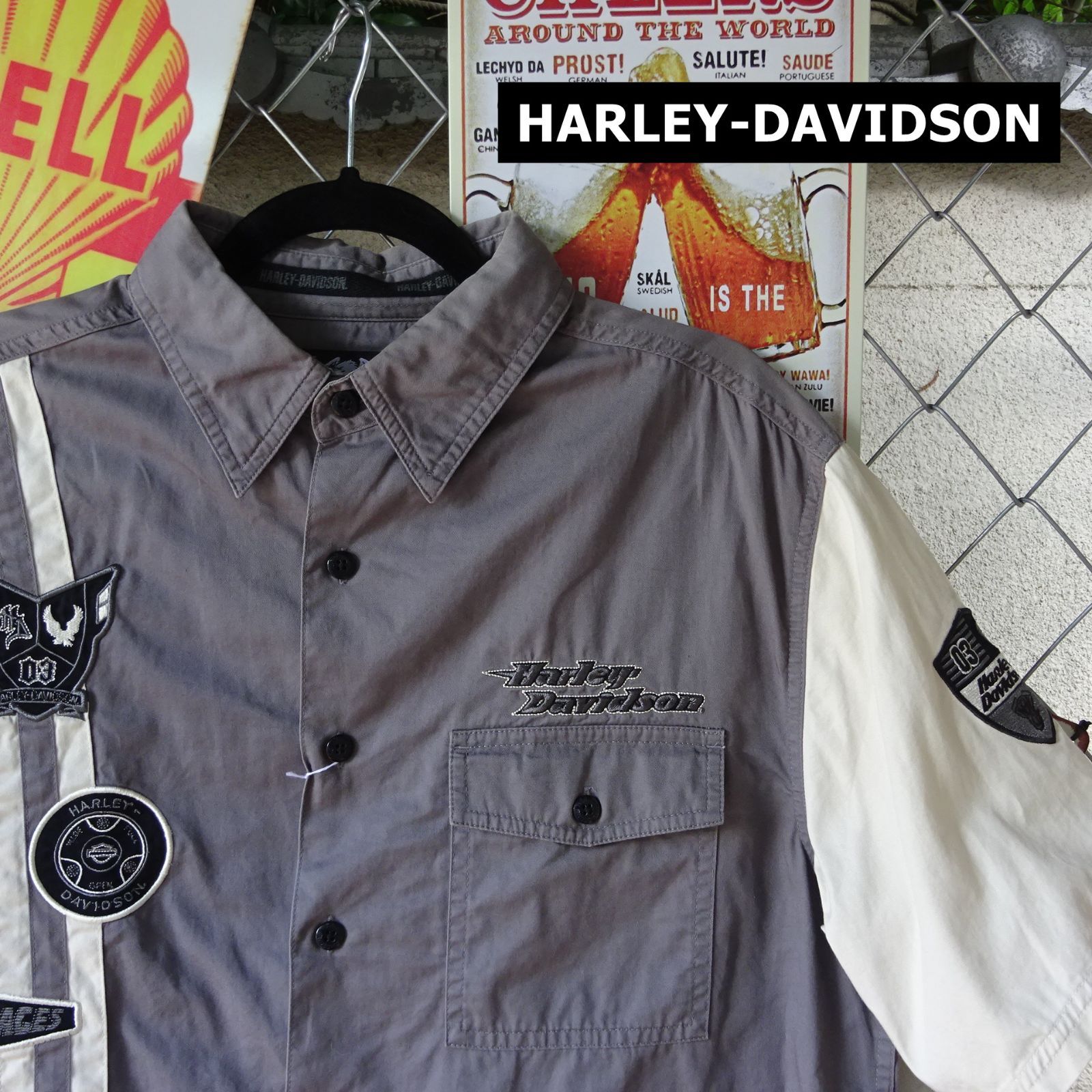 HARLEY-DAVIDSON ハーレーダビッドソン Mサイズ 背面全面刺繡 半袖シャツ ライン グレー ワッペン 10239 - メルカリ