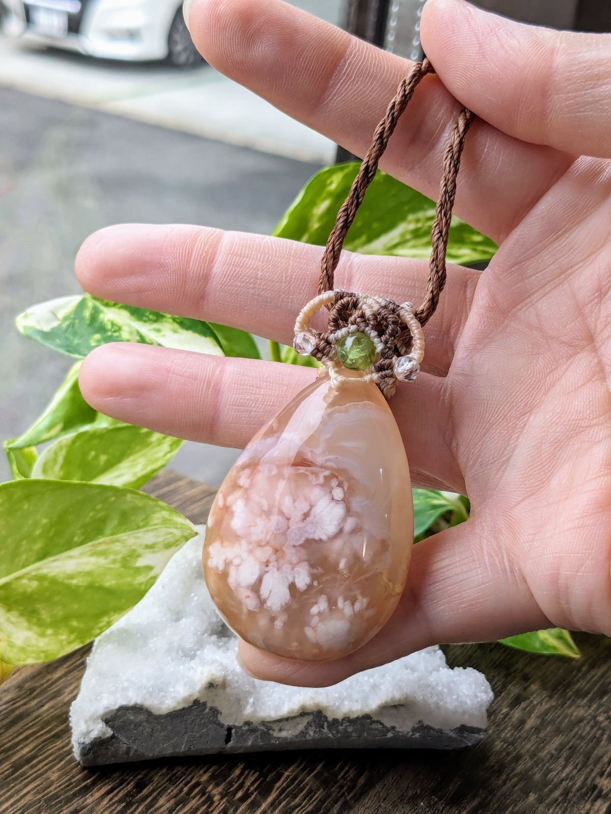 ☆チェリーブロッサムアゲート・桜瑪瑙☆マクラメ編みネックレス C 306