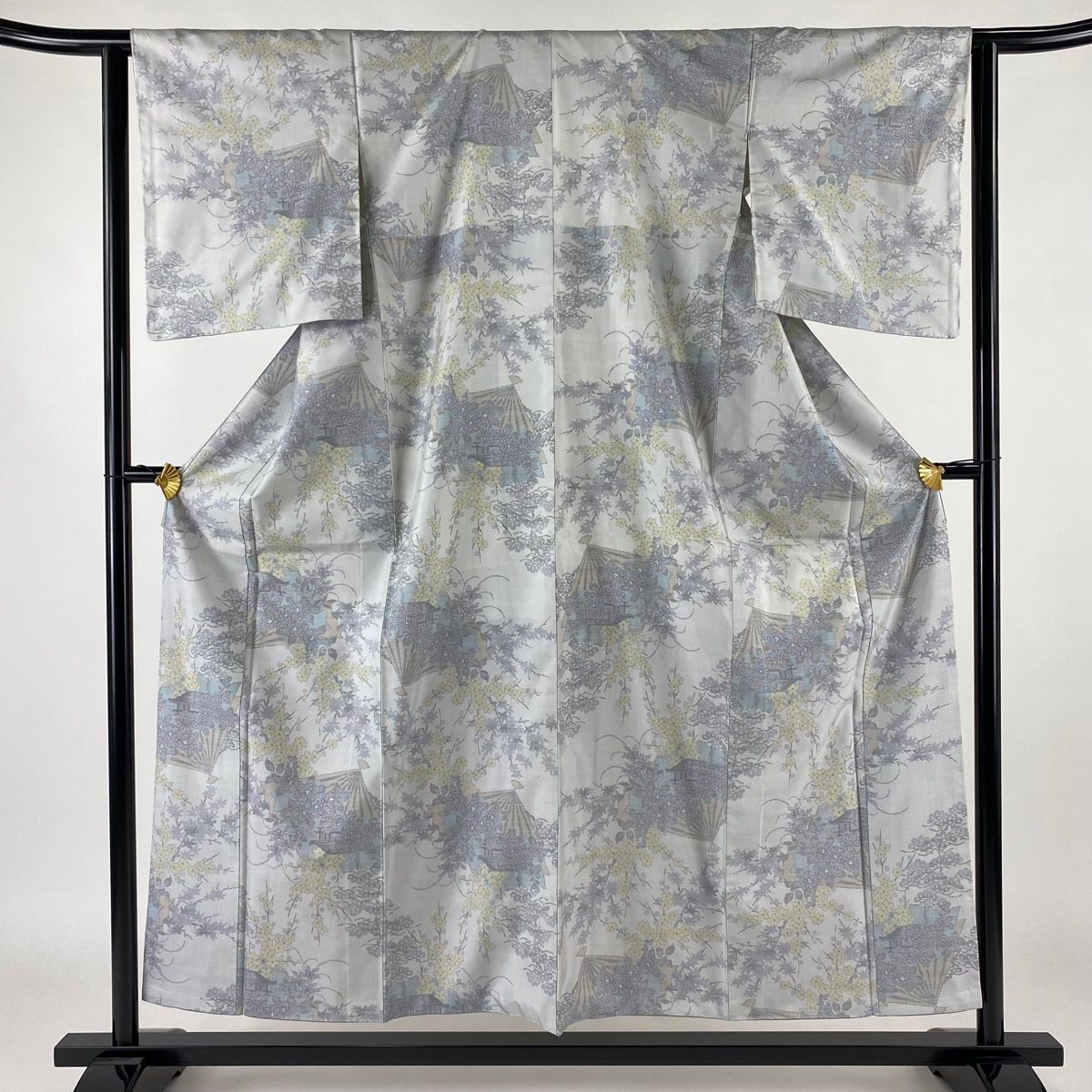 大島紬 身丈155cm 裄丈63cm S 袷 証紙 扇 草花 青灰色 正絹 美品 名品  