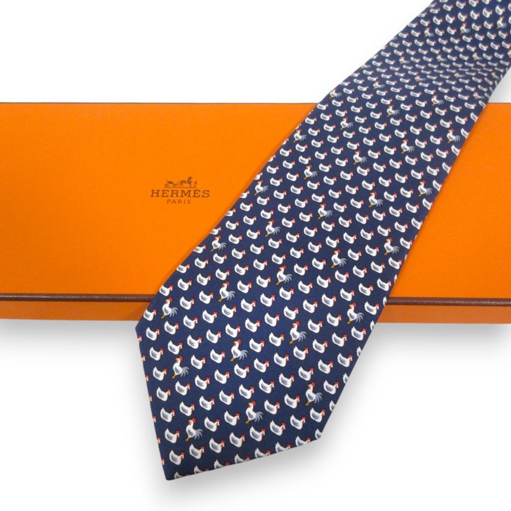 HERMES エルメス シルク100％ ニワトリ柄 総柄 ネクタイ ネイビー系 メンズ 古着