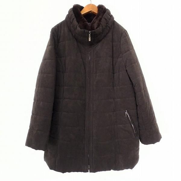 新品同様✩レッキス✩ノーカラー✩ファーコート✩柔らか✩ブラック✩ポケット有り wnc レリアン Leilian コート 13+ 焦げ茶 スエード調 中綿 ジップ