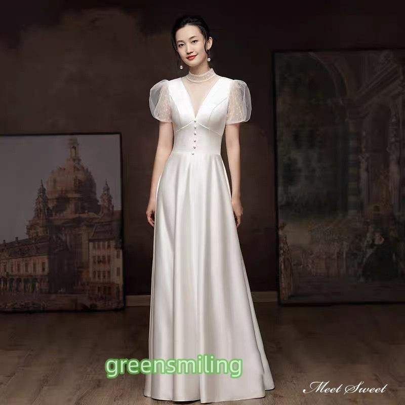 ウェディングドレス ロングドレススレンダードレス サテン 半袖 パフスリーブ ハイネック 二次会 結婚式 前撮り ブライダル 花