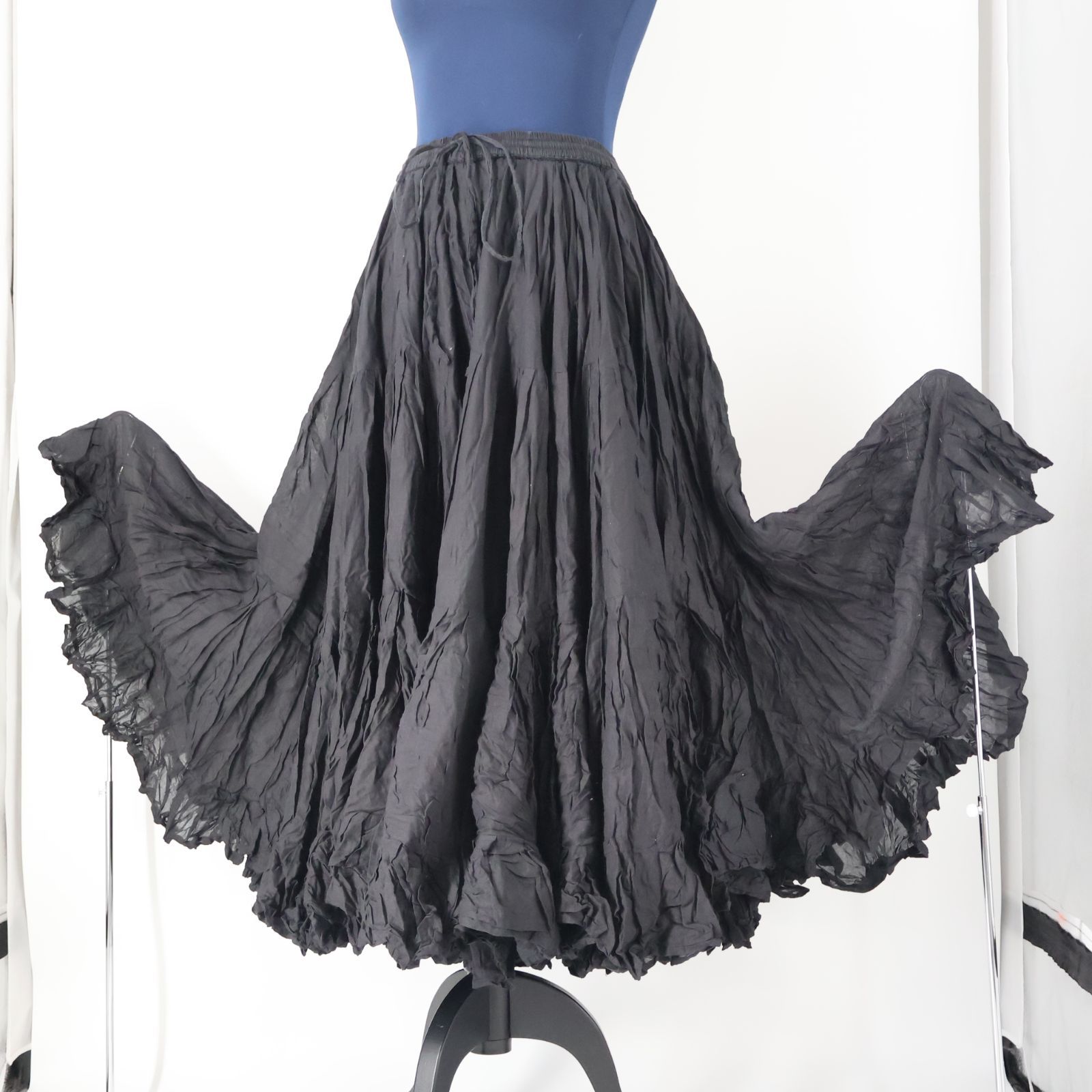 インド製 ベリーダンス用衣装 ブラック ボリューム ジプシースカート フ フリル 黒 無地 シンプル ロング シックな色