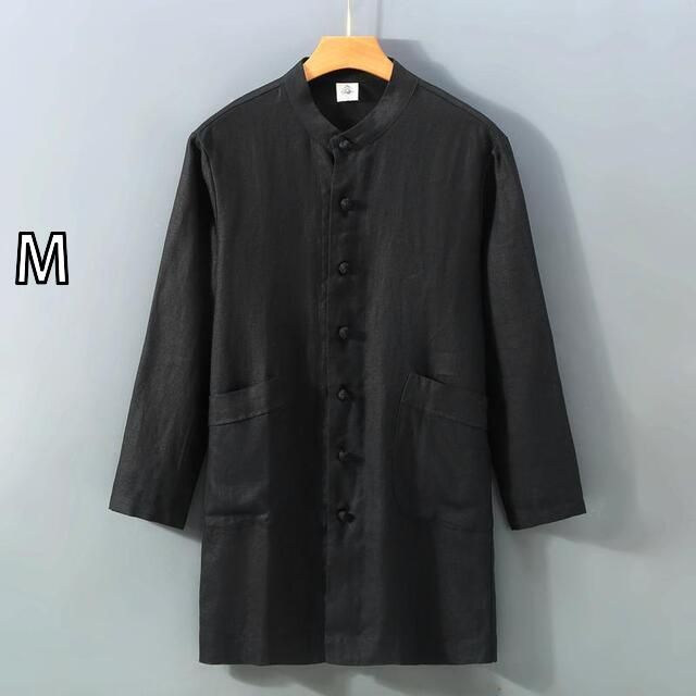 M メンズ ファッション 服 男性用 オシャレ シンプル 大人 かっこいい 大きいサイズ ストリート 紳士服 リネン ミドル丈 シャツ ジャケット レトロ プレート ボタン フル リネン 生地 シャツ トップス 服